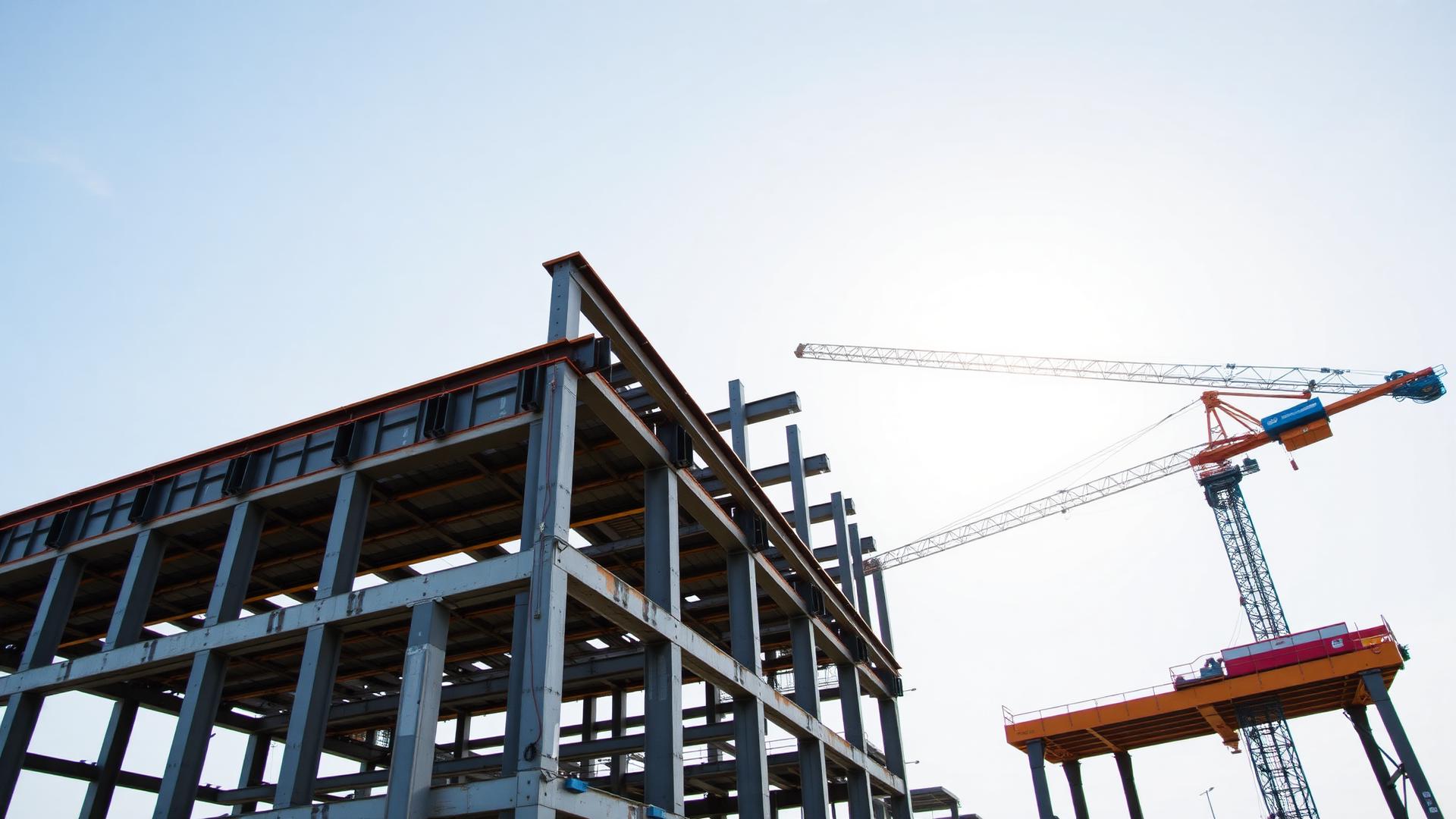 Structural steel building frame during erection